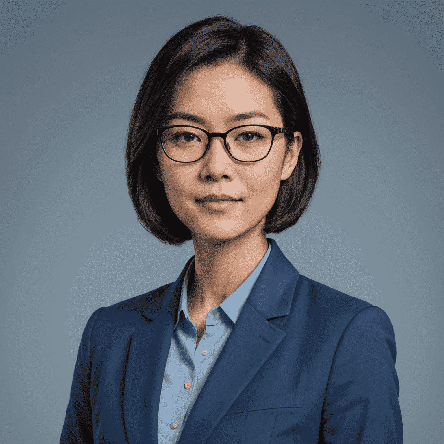 Portrait of Sarah Chen, an Asian woman in her 30s with short black hair and glasses, wearing a professional blue blazer