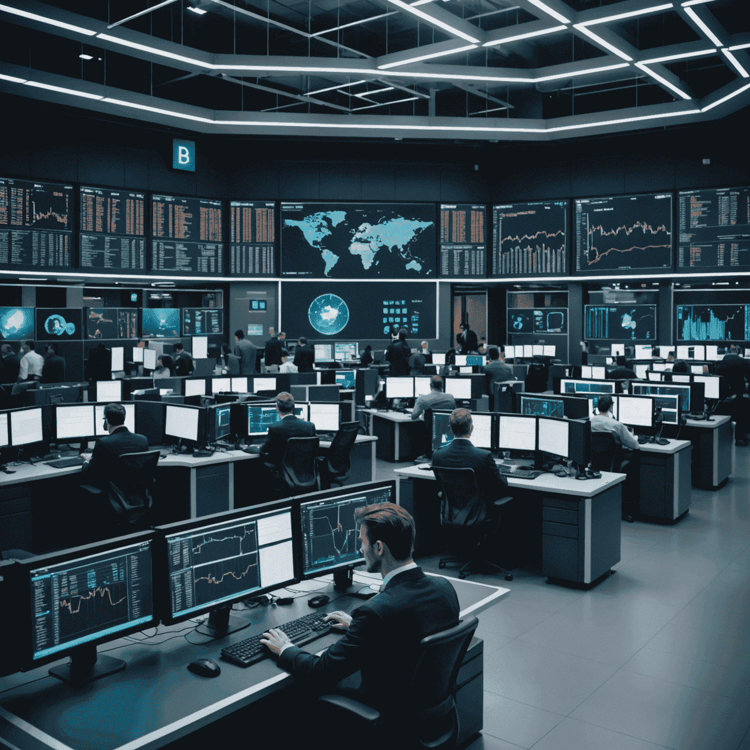 A futuristic trading floor with holographic displays showing AI algorithms analyzing market data and making trading decisions. Traders are interacting with advanced AI interfaces.