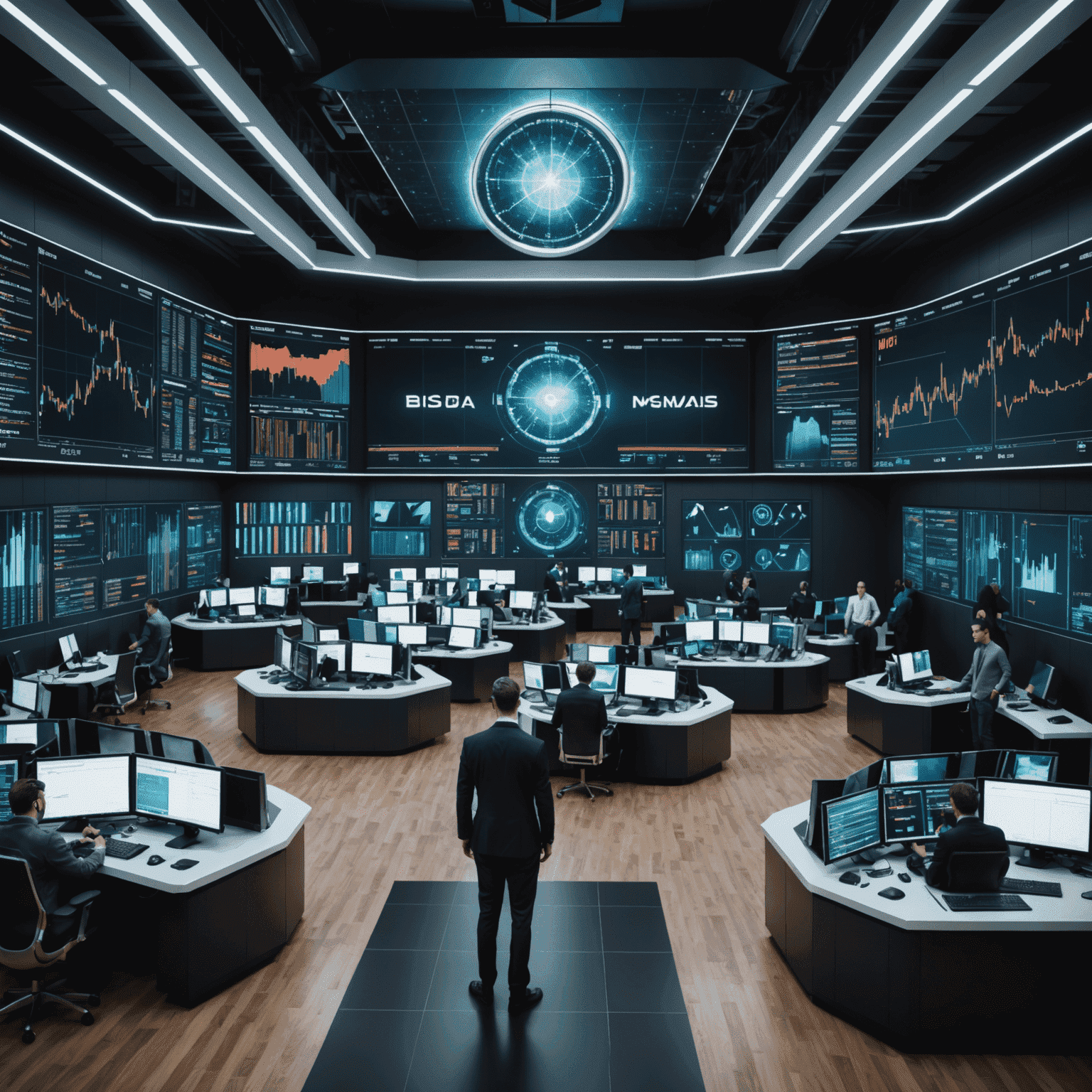 A futuristic trading floor with holographic displays showing AI-powered trading algorithms and market data visualizations