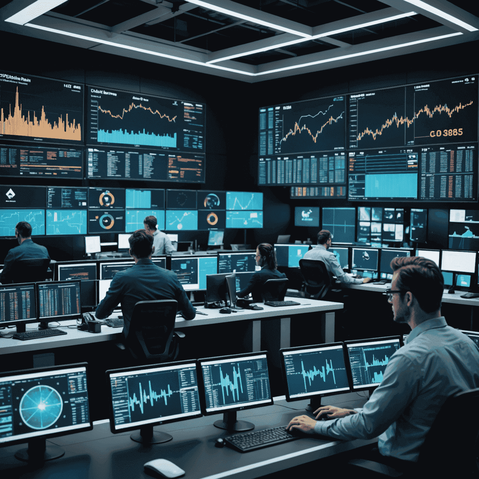 A futuristic trading floor with holographic displays showing real-time market data and AI algorithms at work. Traders are using advanced interfaces to interact with AI-powered trading systems.