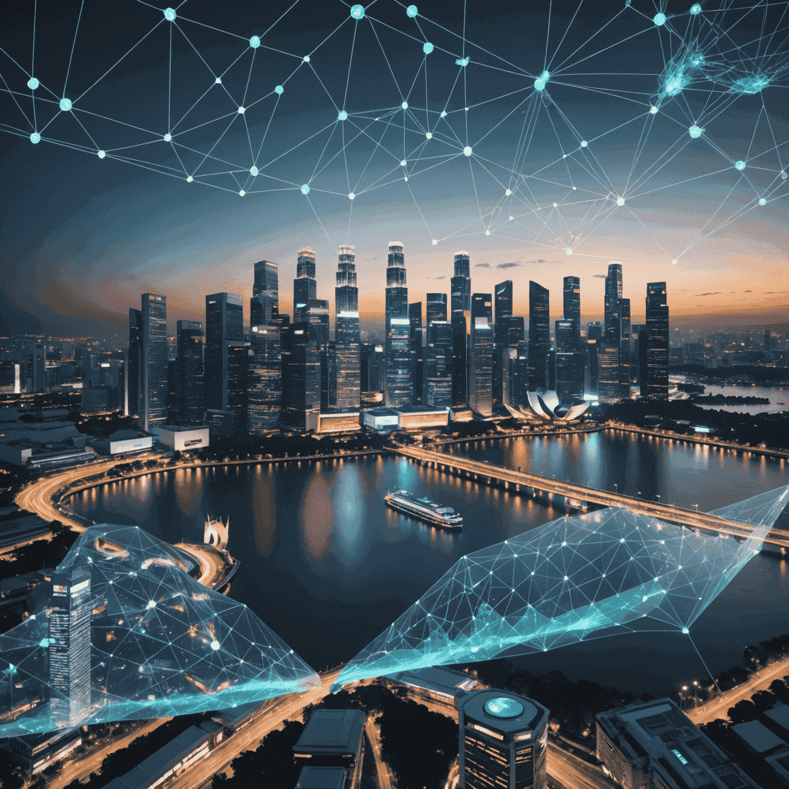 Futuristic Singapore skyline with holographic trading charts and AI symbols overlaid, showcasing the integration of artificial intelligence in the city-state's financial district