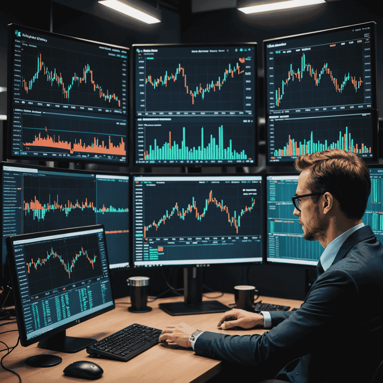 A split-screen image showing an AI algorithm analyzing market data on one side and a graph of successful trades executed by the AI system on the other, highlighting the efficiency of AI in high-frequency trading.