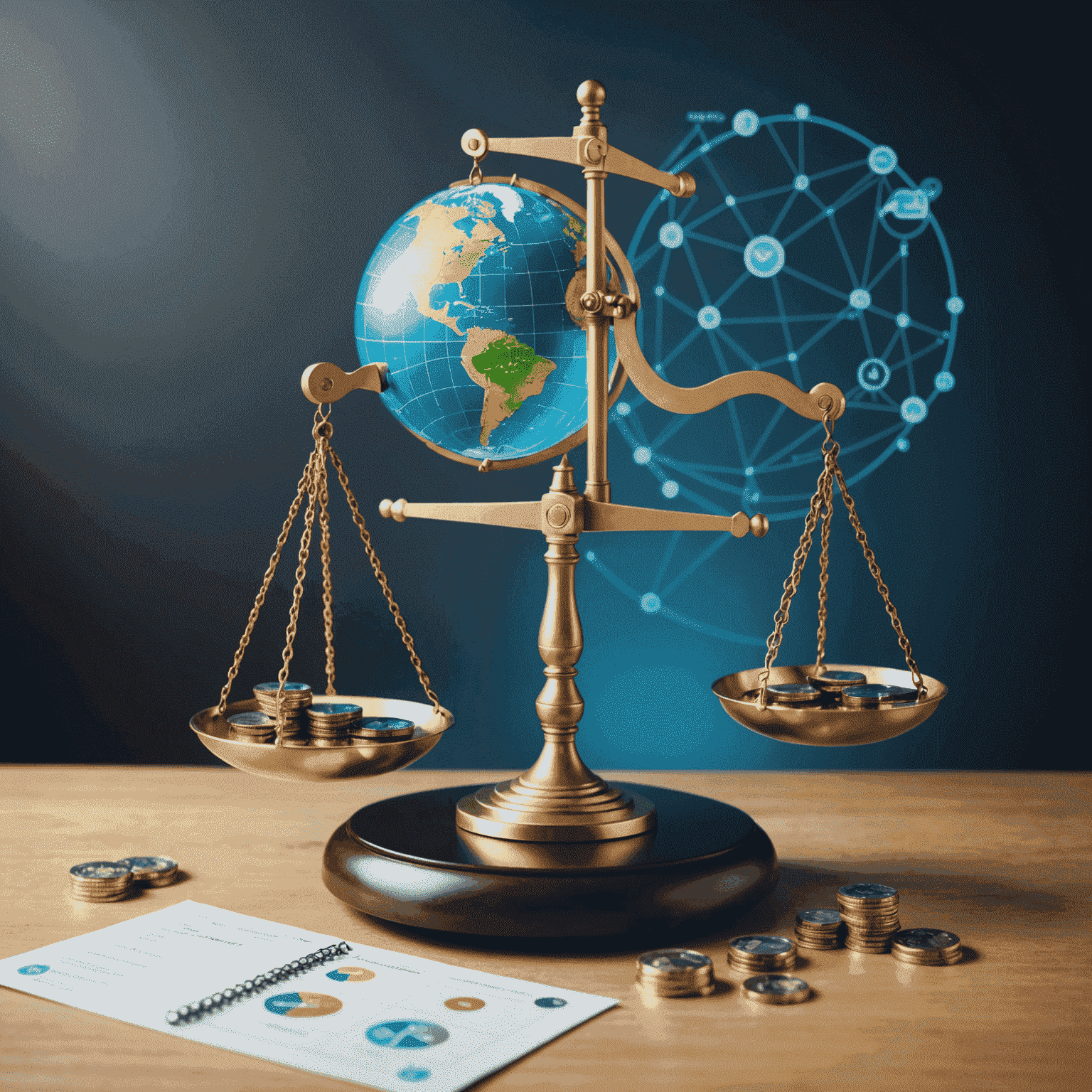 A symbolic image showing a balance scale with AI chips and trading symbols on one side, and ethical considerations represented by a globe, handshake, and transparency icon on the other.