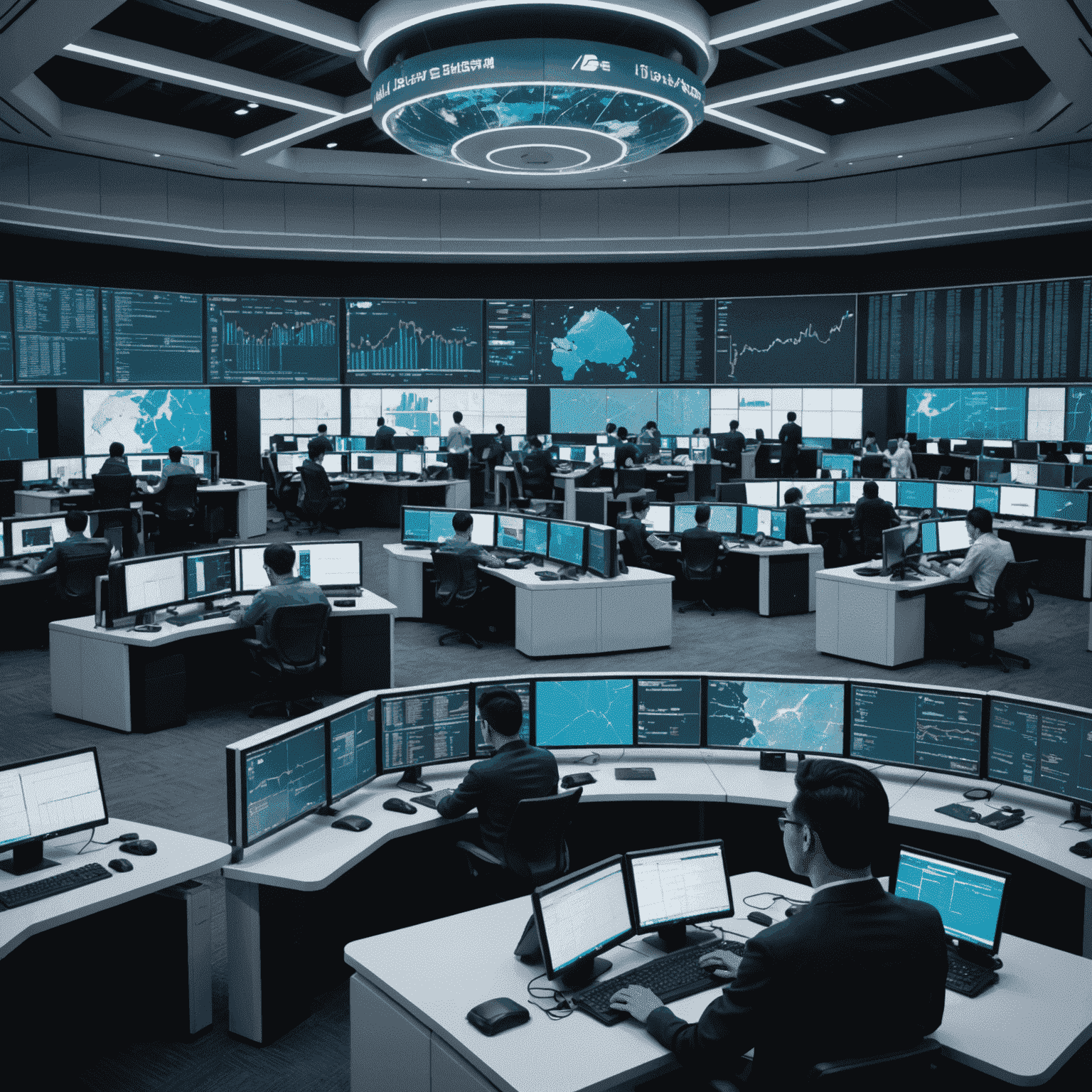 Futuristic trading floor in Singapore with traders using advanced AI interfaces, surrounded by holographic displays showing real-time global market data and AI-generated trading insights