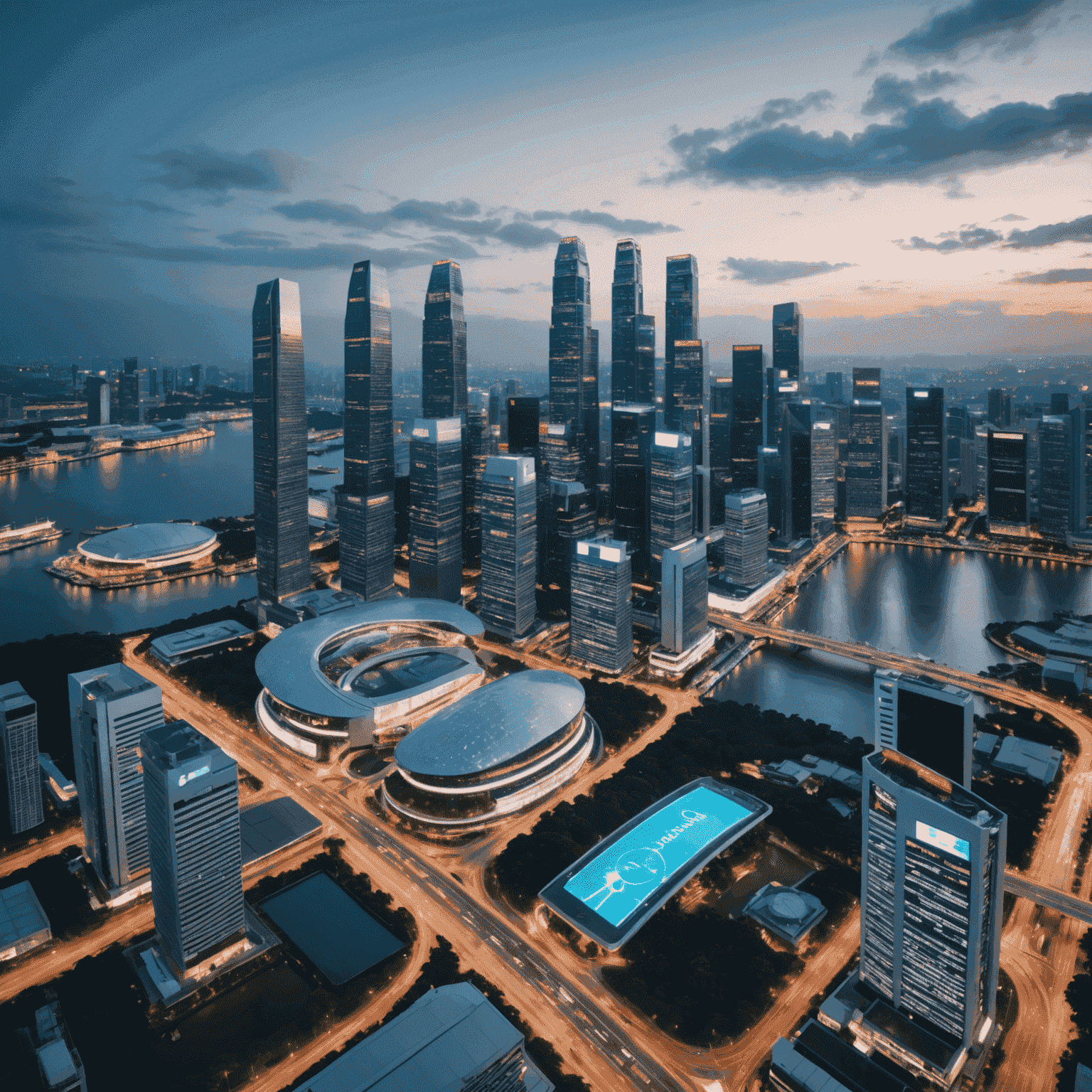 Singapore's futuristic skyline with holographic trading floors and AI-powered financial institutions, showcasing the city-state's role in driving AI innovation in finance